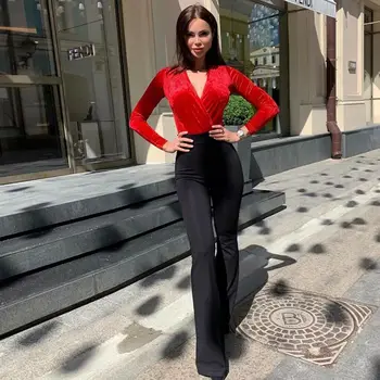 

Spring Autumn Winter Long Sleeve Womens Velvet Bodysuit Femme Slim Sexy Club Wear Dark V-neck Solid Velvet Bodysuit Top Body Top