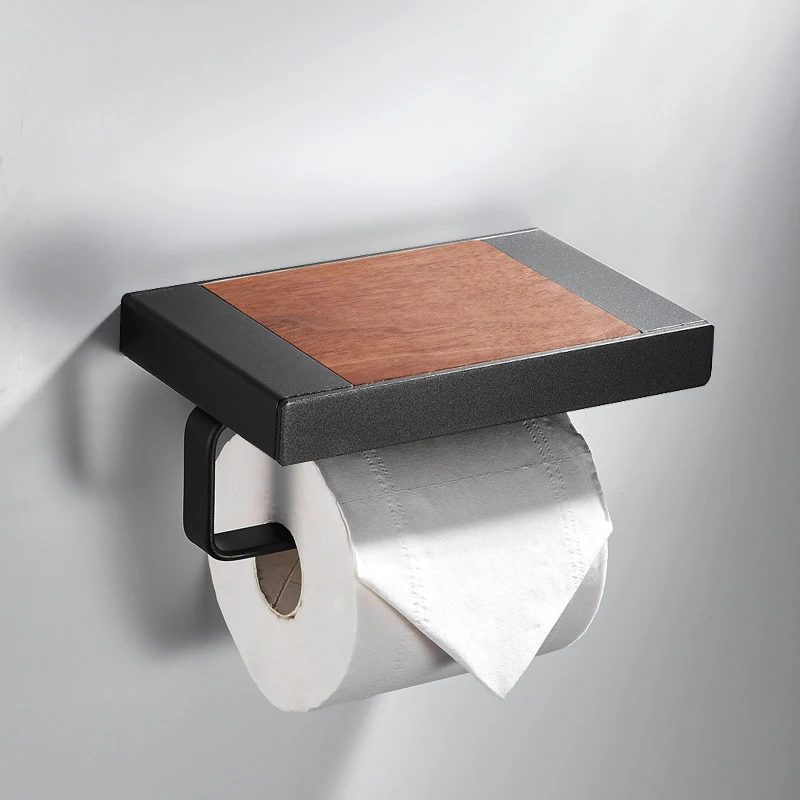 Toilettenpapierhalter Aus Walnussholz Und Schwarzem Aluminium, Handtuchhalter Für Badezimmer, Telefon, Wandmontage
