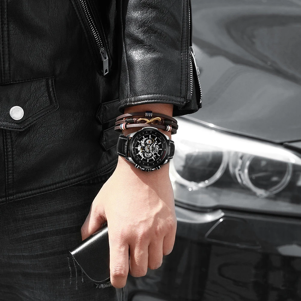 WINNER Military Skeleton Automatic Watch for Men Luminous Pointers Sport Steampunk Mechanical Watches Luxury Brand Leather Strap