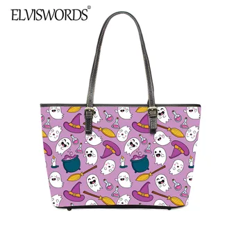 

ELVISWORDS Women Anime Cartoon Design Tote Handbag 2020 Happy Halloween Pattern Large Shoulder Handbag Casual Durable PU Bag