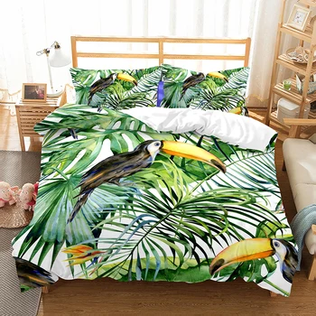 

Toucan and Tropical Plants Green Microfiber Bedding Set with Pillowcase Full Queen King Size Home Bed Linen Set Bedclothes