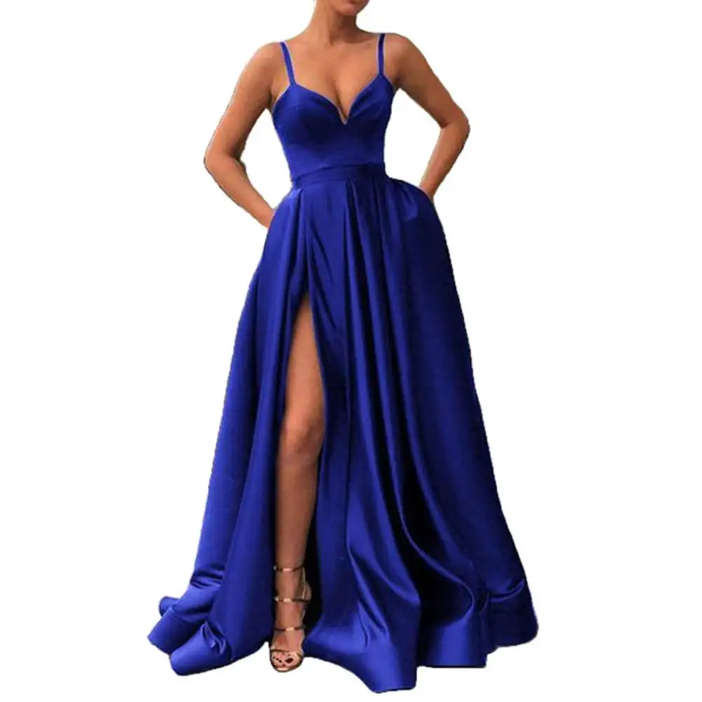 Party Dress for Wedding Women Elegant Side Slit A-Line Satin Sleeveless Spaghetti Straps Banquet Maxi Dress Wedding