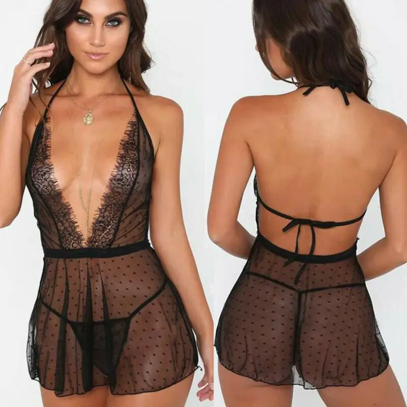 

New Black Womens Erotic Set Sleepwear Solid Color Nightgown Babydoll Lace Robes Night Sleep Dress + Thong Underpants Plus Size
