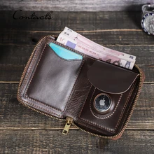 

CONTACT'S Genuine Leather Men Mini Wallet AirTag Case Card Holder Small Male Purse YKK Zipper Around AirTag Wallet Coin Pocket