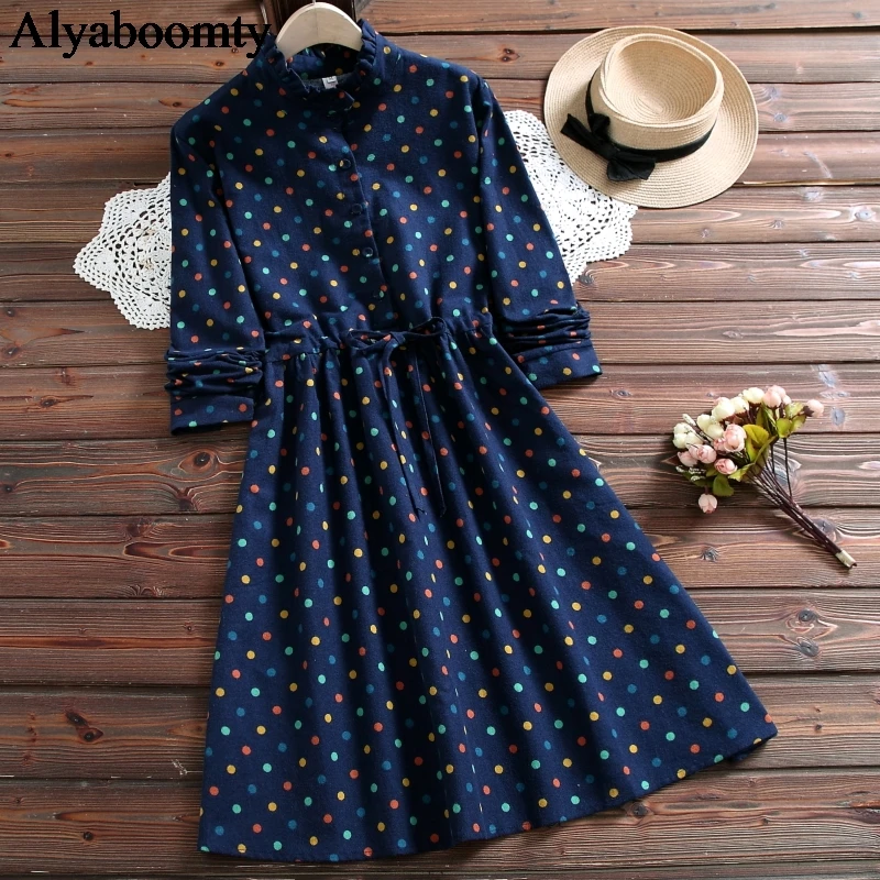 

Japanese Mori Girl Autumn Winter Women Dress Ruffled Collar Colorful Polka Dot Robe Femme Elegant Cute Kawaii Cotton Loose Dress