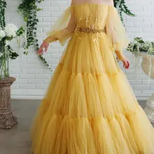 Желтое платье трапециевидной формы с длинным рукавом, вечерние платья для выпускного вечера с цветами из бисера, вечерние платья из тюля, Платья для особых мероприятий размера плюс, длина до пола