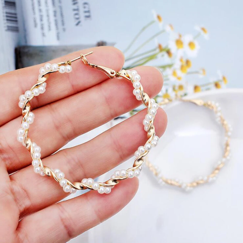 Oversize Pearl Hoop Earrings For Women Girls Unique Twisted Big Earrings Circle Earring Statement Fashion Loop Ear Jewelry