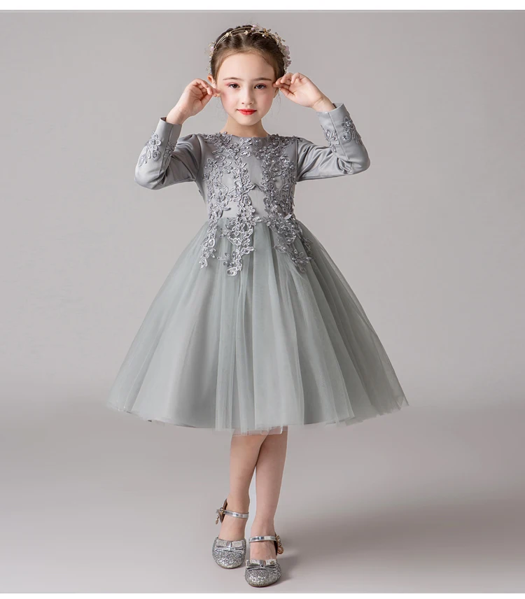 gray short Многослойное Пышное фатиновое платье с кружевной аппликацией и вышивкой для девочек; Пышное вечернее длинное платье для дня рождения; вечерние платья макси для выпускного бала - Цвет: gray short