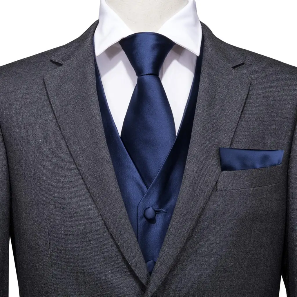 Hi-Tie сплошной синий костюм жилет мужской v-образным вырезом без рукавов жилет вечерние свадебные галстук жилет Бекхэма Карманный платок для костюма запонки