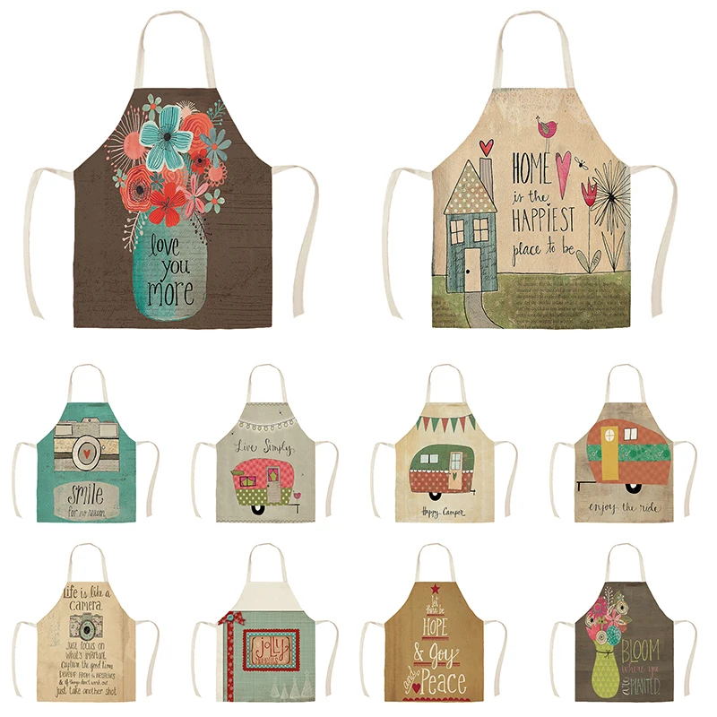 Home Cleaning Tools Cooking Apron Cartoon Happy Life Camper Love Printed Cotton Linen Women Sleeveless Kitchen Aprons WQ1500