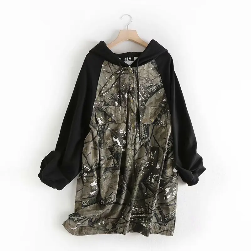 

Europe And America WOMEN'S Dress 2019 Spring And Autumn New Style Graffiti Printed Joint Loose-Fit Hooded Coat Women's F2284