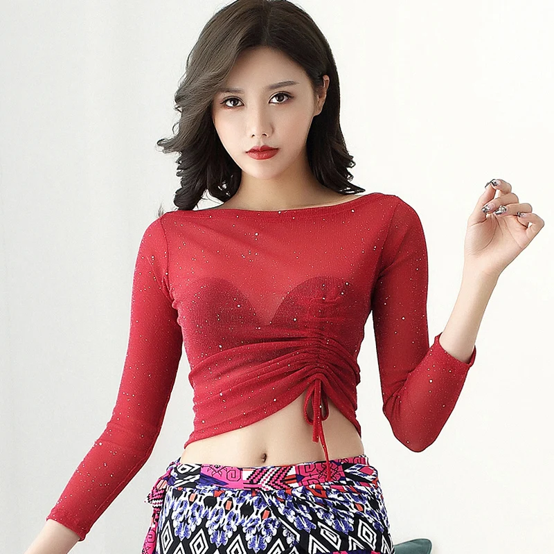 Red tops Одежда для занятий танцами живота, новинка, Осенние профессиональные Костюмы для восточных танцев, выступлений, танца живота, набедренный шарф DQL2565 - Цвет: Red tops