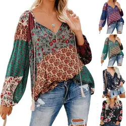 Wish2019 осенний пуловер в европейском и американском стиле с цветочным принтом и v-образным вырезом и длинными рукавами, рубашка Свободная