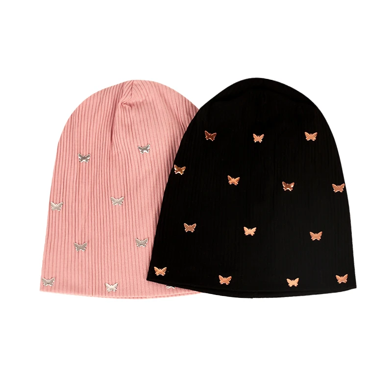 Geebro Women Metal Butterfly Ribbed Skullies&Beanie Caps New Fashion Femme Ladie Soft Elastic Slouch Stretch Slouch Bonnet Hats 3