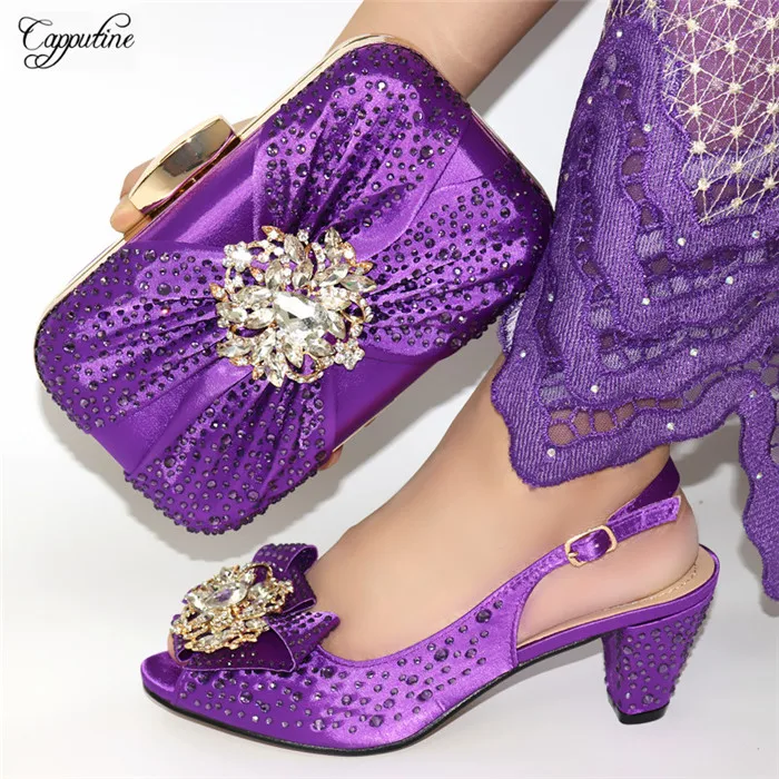 

Popular purple high heel sandal shoes and purse handbag sets with rhinestones CR176, heel height 7cm