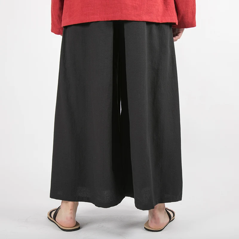 Chinese Style Men Cotton Linen Wide Leg Pants Black Harajuku Male Streetwear Harem Pants Man HanFu Kongfu Trousers Skirt
