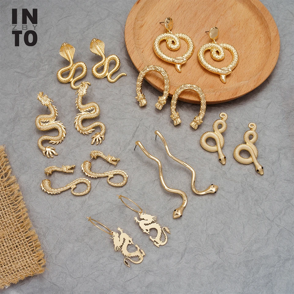 Женские серьги подвески в стиле панк со змеиным драконом Золотой/Серебряный