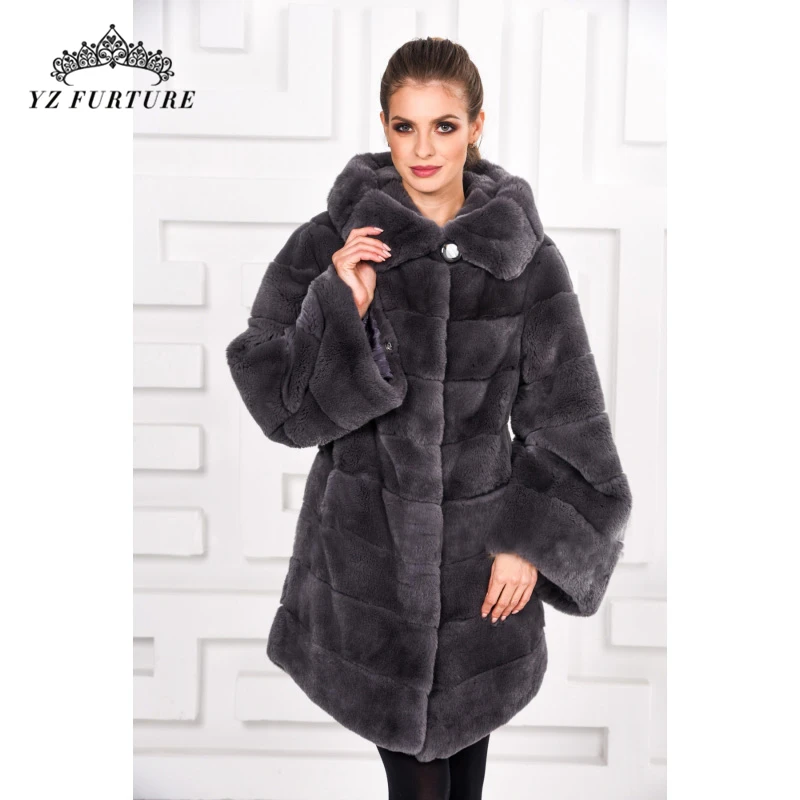 Стиль, зимние пальто из натурального меха, женская натуральная куртка с мехом кролика рекс с капюшоном, Толстая теплая роскошная женская шуба, верхняя одежда, RB-086