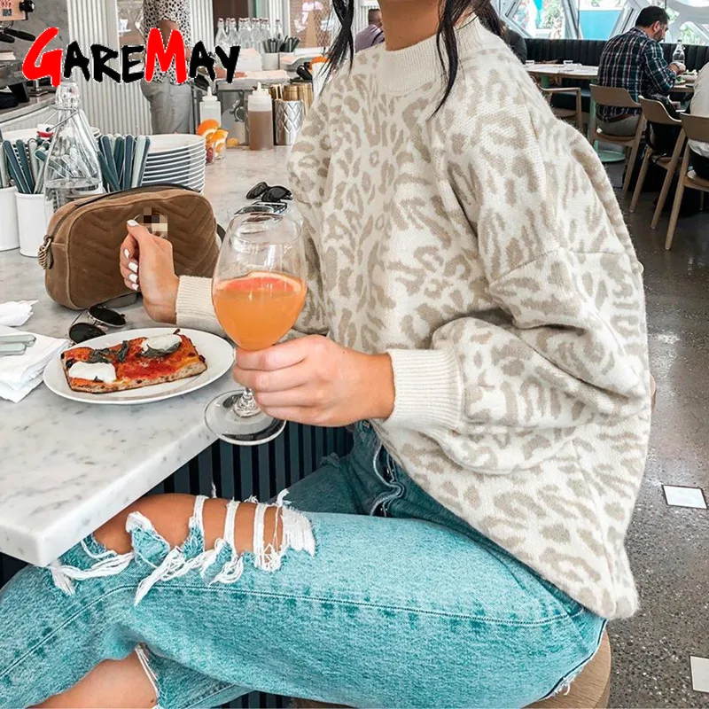 Oversized Sweater Turtleneck Casual Tops Animal-Print Leopard Thick Winter Female