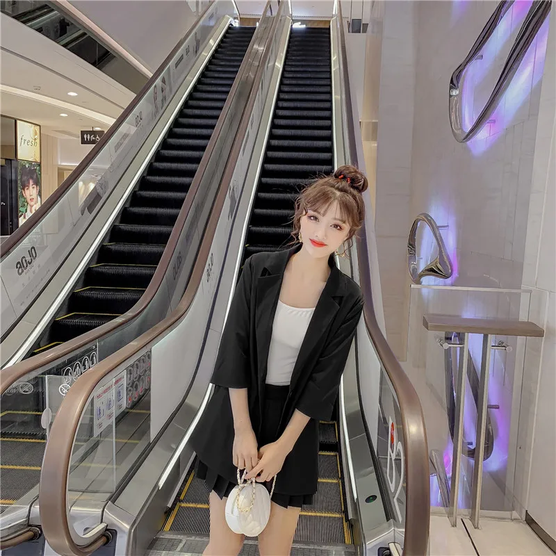 Photo Shoot~ Online Celebrity CHIC Small Suit Coat Women's Korean-style Loose-Fit British-Style Suit Pleated Skirt Two-Piece Se