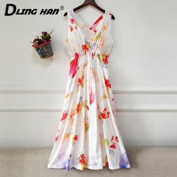 

LINGHAN Fashion Floral Print Cotton Midi Dress Sexy V-Neck Backless Sleeveless Vacation Dresses Designer Summer Women's New