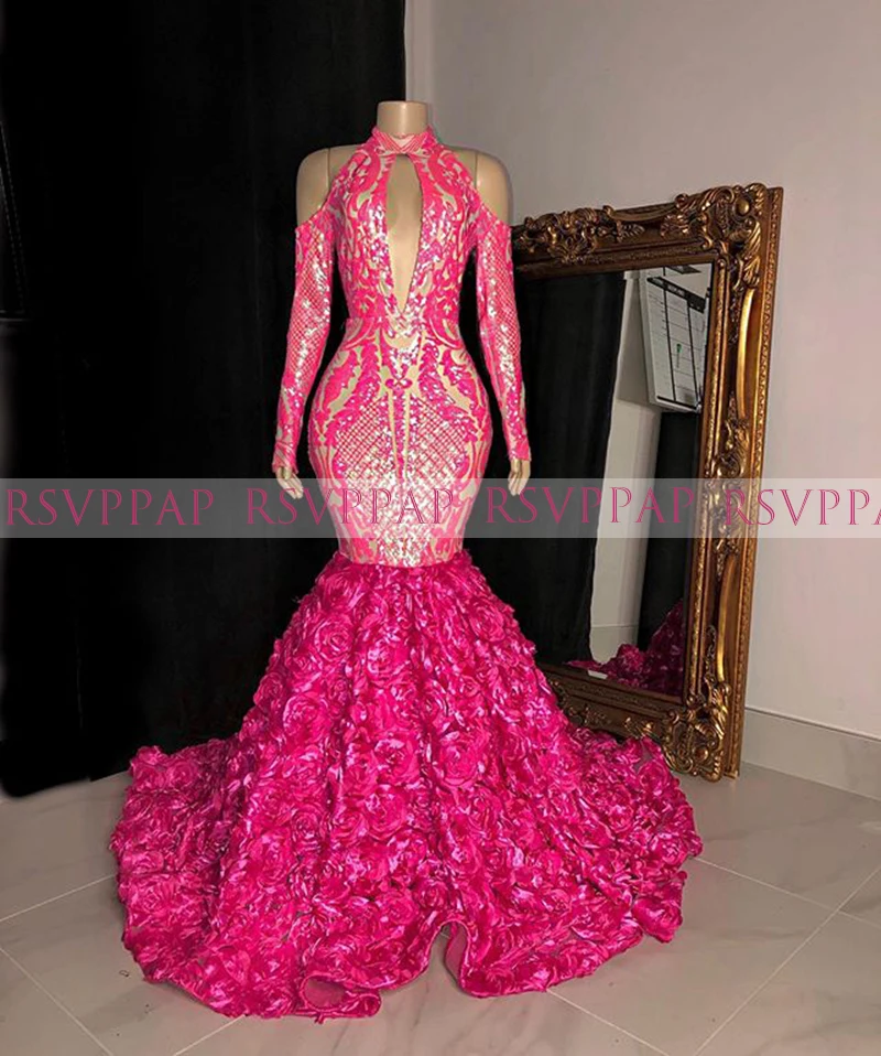Lange Prom Dresses 2020 Elegant Hoge Hals Hot Roze Afrikaanse Zwarte Meisje Mermaid Vrouwen 3D Rose Prom Jurk Lange Prom Dresses 2020 Elegant Hoge Hals Hot Roze Afrikaanse Zwarte Meisje Mermaid Vrouwen 3D Rose Prom Jurk