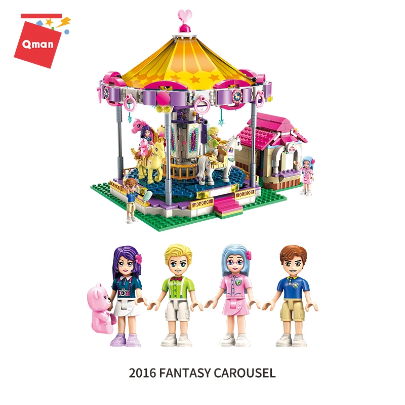 

Qman Girl Friends City colorful holiday Carousel Rail train Playground Building Blocks Bricks Education Toys For Girls