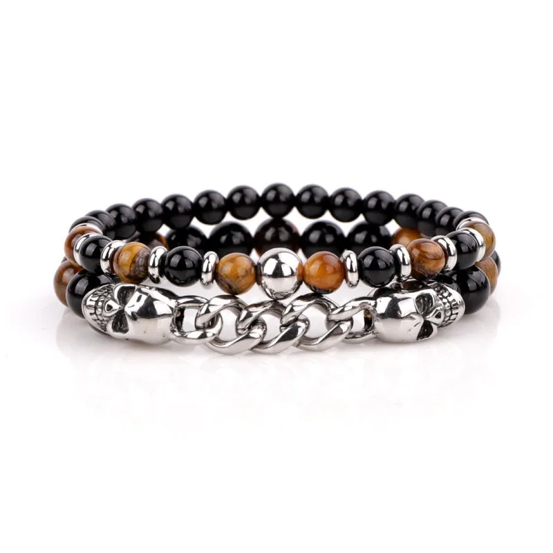New Design High Quality Natural Stone Stainless Steel Skull Beaded Elastic Bracelet Set