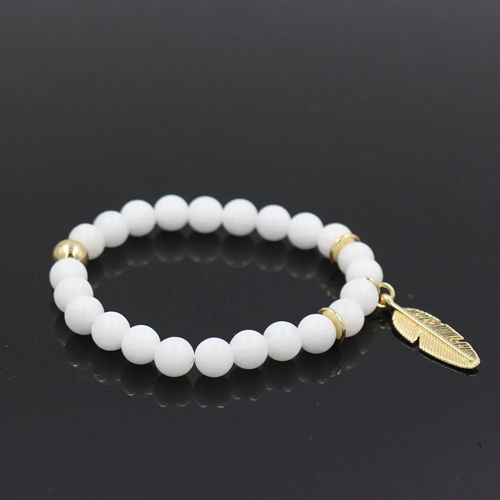 3Pcs 8MM White Stone Beads Bracelet Sets CZ Crown Bar Charm Leaf Pendant Yoga Mala Couple Bracelet Jewelry