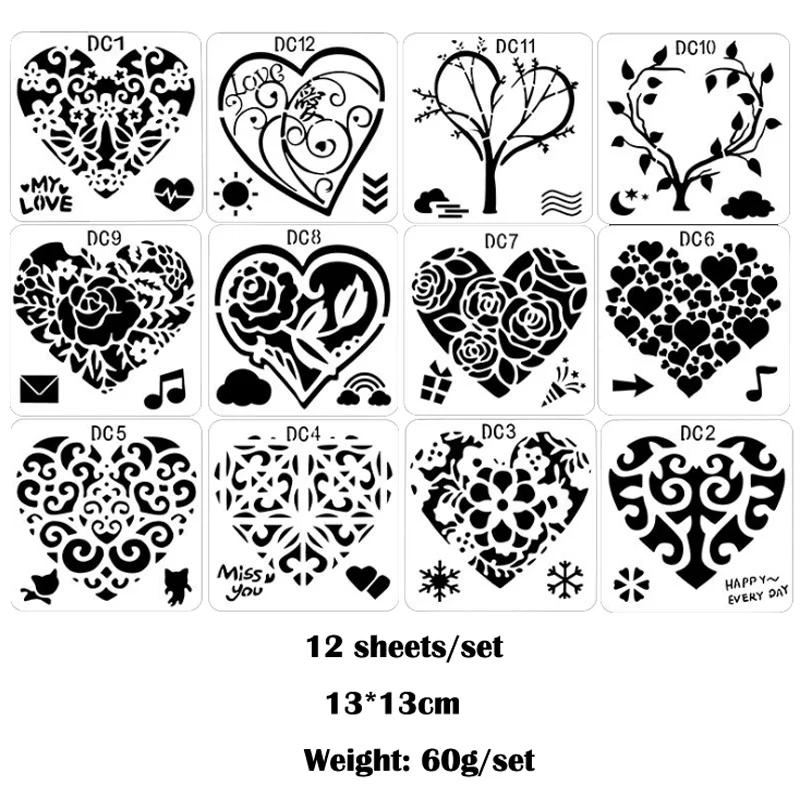 

12pc Love Heart Painting Template Stencil Coloring Embossing DIY Plastic For Scrapbook Diary Stamp Accessories Drawing Reusable