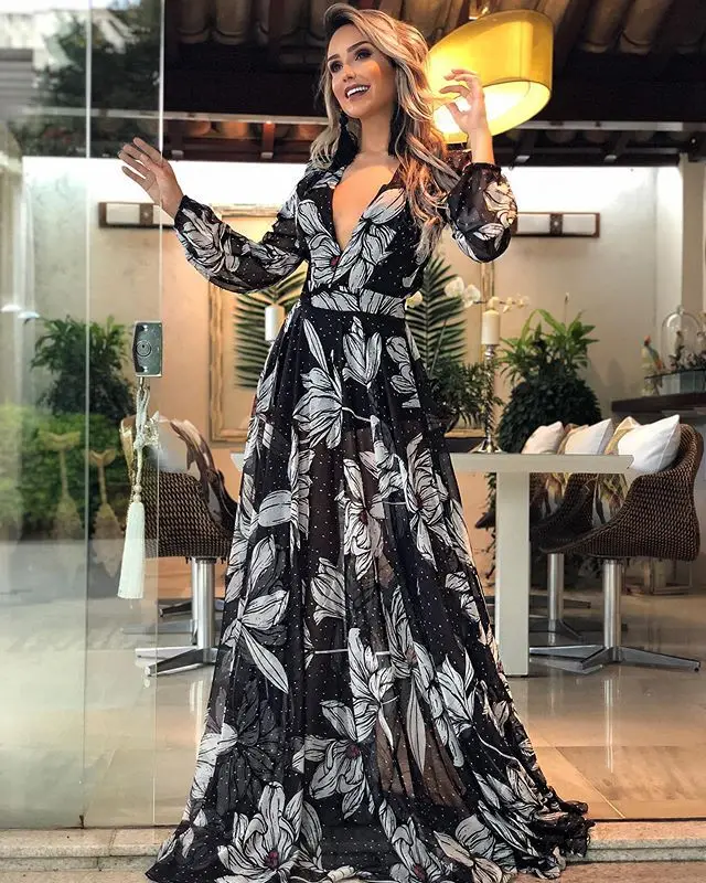 

Linglewei 2019 New women's dress sexy deep V long sleeve printed long dress