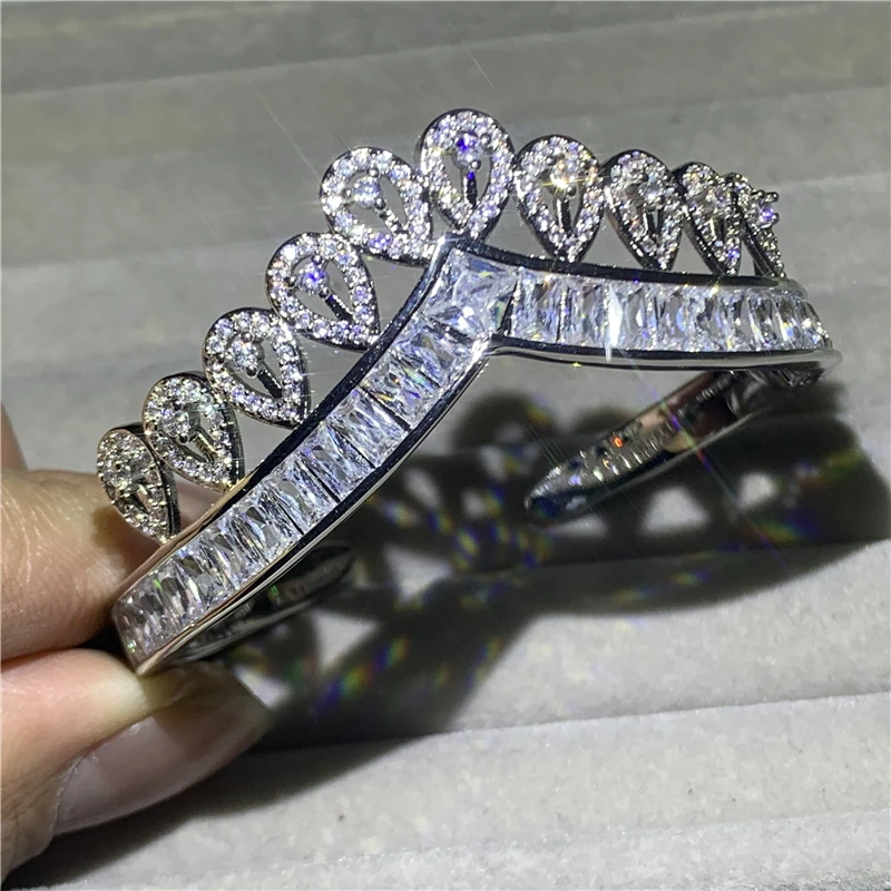 2020 Unique Sparkling Luxury Jewelry 100% 925 Sterling Silver Princess Shape AAAAA CZ Women Wedding Open Adjustable Bangle Gift
