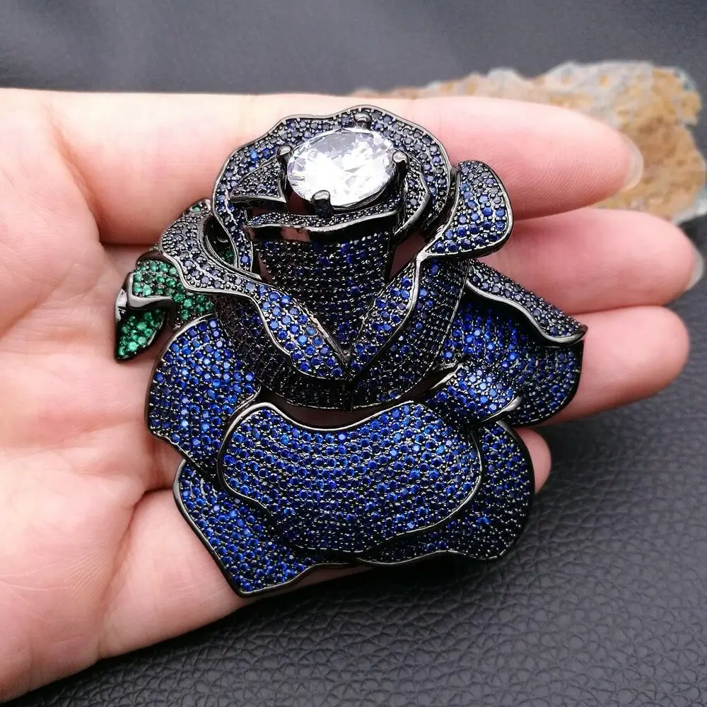 blue Cz паве роза цветок брошь - Metal color: blue