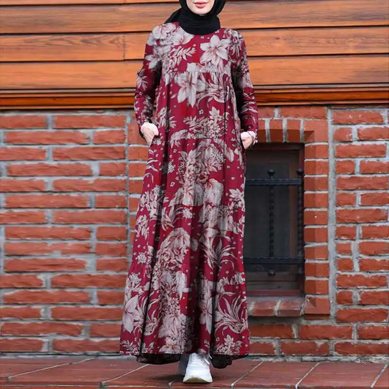 Mexican Floral Print Vintage Maxi Dress Scarf Muslim Women Dubai Abaya Long Gown 