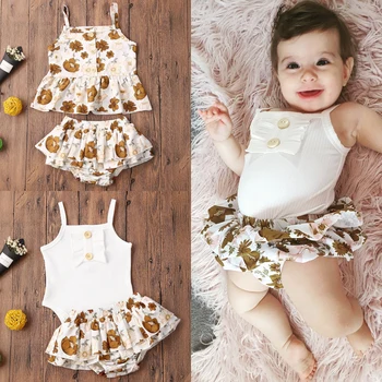 

0-24M Baby Summer Clothing Infant Newborn Baby Girls 2Pcs Set Outfits Ribbed Vest Romper/Floral Tops Shirt Dress Shorts
