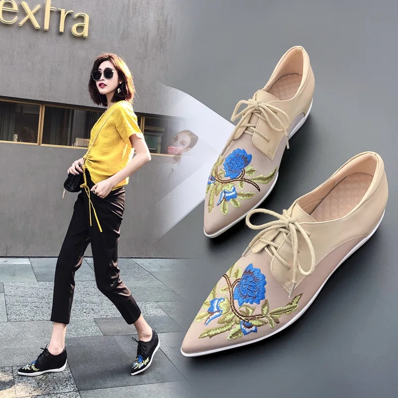 

2019 New Style Genuine Leather Pointed-Toe Semi-high Heeled Elevator Shoes Women's Spring Casual Embroidery Lace-up Thick Bottom