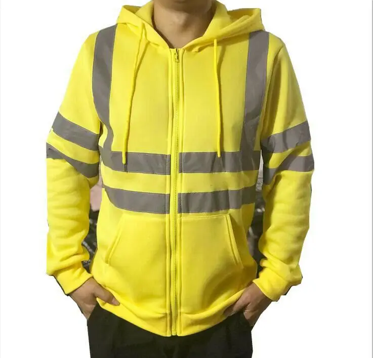 

Men Hooded Jacket Jumper Sweatshirts Winter Autumn Zipper Fleece Hoodie Coat Reflective Fluorescent Stripe Safety Work Clothes