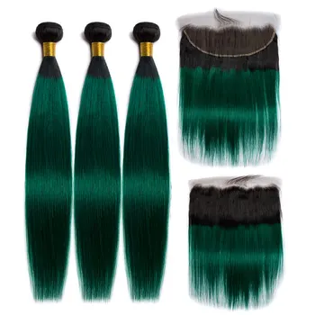 

ALIBELE 1B Green Ombre Bundles with Frontal Closure 2 Tone Remy Straight Human Hair Pre Plucked Lace Frontal Closure with Bundle