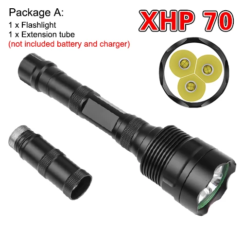 210 Package A Мощный светодиодный фонарь XHP70, перезаряжаемый фонарь с USB зумом, фонарь для кемпинга, охоты, лампа с 18650 батареей - Испускаемый цвет: 210 Package A