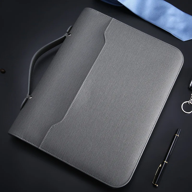 Серый A4 Padfolio папка для шкафа, роскошная Папка-органайзер, держатель для бизнес-колец, портфель на молнии, спиральный блокнот - Цвет: Серый