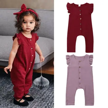 

Newborn Kid Girl Infant Summer Outfit Solid Sleeveless Romper Jumpsuit Cotton Linen Ruffles Sleeveless Baby Girl Rompers