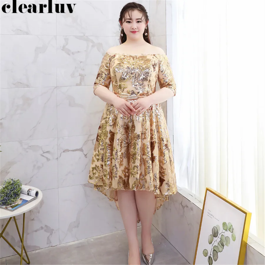 

Vestidos De Gala High Low Ball Gowns T304 2019 Gold Sequins Plus Size Dresses Women Party Night Short Front Long Back Prom Dress