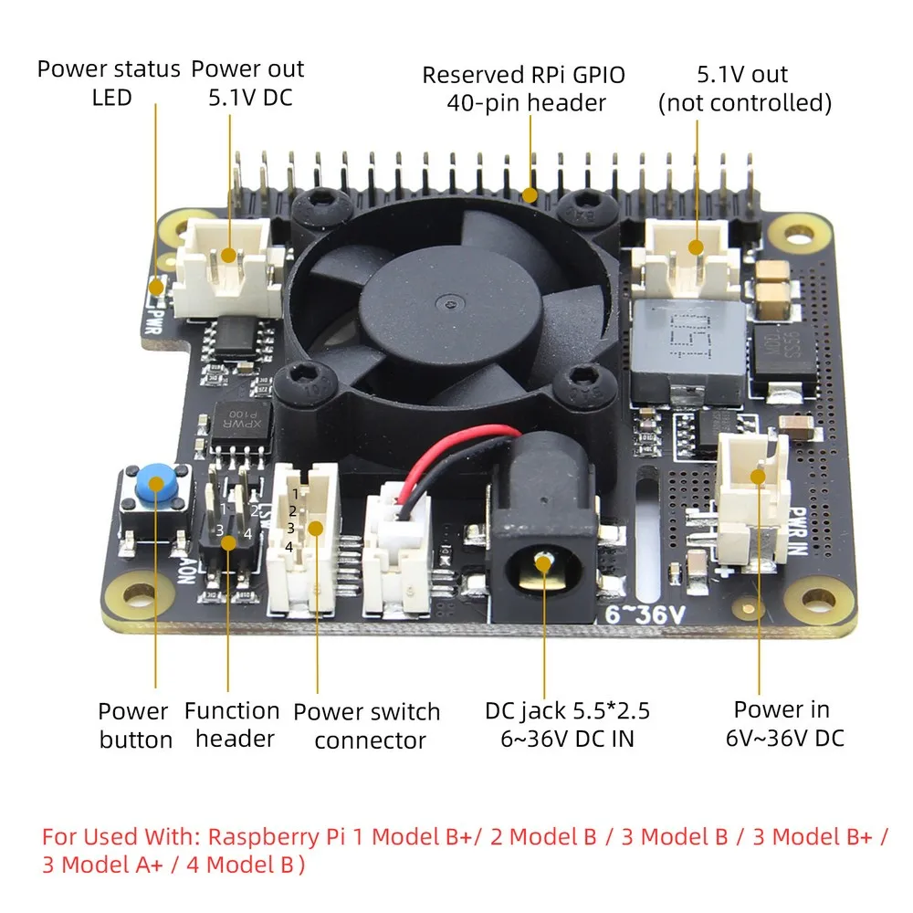 RasPi X710 Safe ShutdownPower Management Expansion Board with Wide Voltage Input(6V~36V) for Raspberry Pi 4 Model B / 3B+ / 3B
