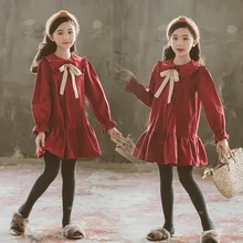 Осеннее платье для девочек корейское подростковое платье принцессы с длинными рукавами г. Красная хлопковая модная школьная одежда От 4 до 14 лет