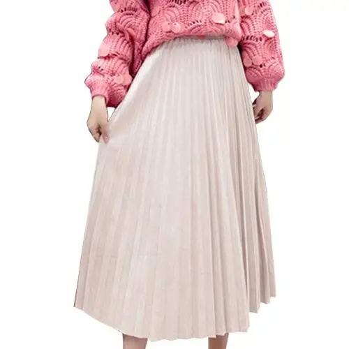 Осенняя Женская длинная Плиссированная Юбка Макси цвета металлик, серебристый цвет, высокая талия, эластичная повседневная юбка, Женская плиссированная эластичная длинная юбка - Цвет: Apricot