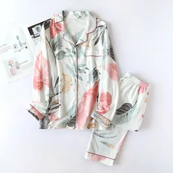 Spring And Autumn Ladies Pajamas Two-piece Knitted Pure Cotton Long-sleeved Trousers Summer Thin Large Size Home Service