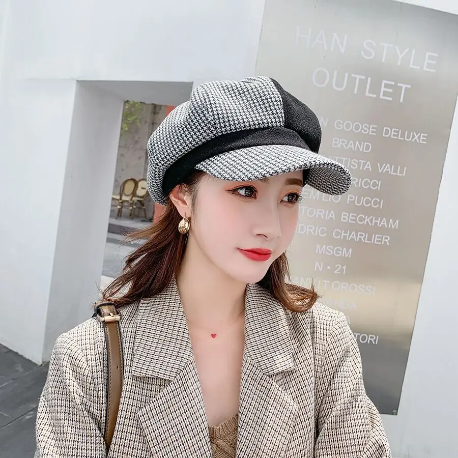 

Autumn Women Wool Berets Fashion Retro Color Matching Octagonal Cap Female Thick Warm Winter Hats Newsboy Hat