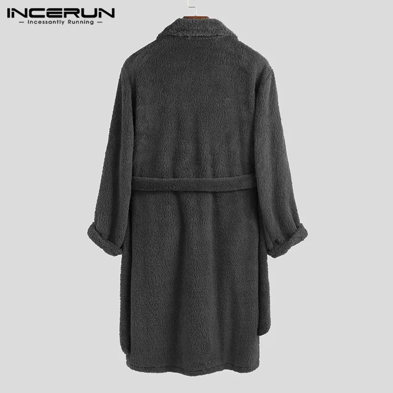 INCERUN/ зимние мужские куртки, пальто из искусственного флиса, однотонная верхняя одежда с длинными рукавами, на пуговицах, пушистое Модное теплое мужское длинное пальто