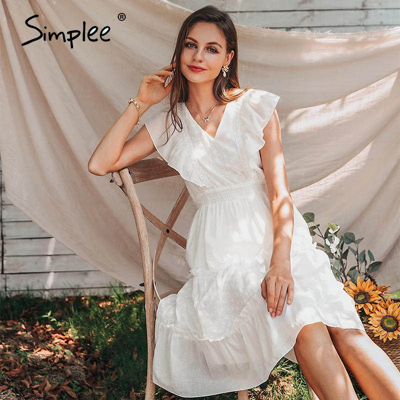 Simplee Elegant v-neck ruffle sleeve women dress Summer white A-line midi female office sundress Daily wear ladies midi dresses Simplee Elegant v-neck ruffle sleeve women dress Summer white A-line midi female office sundress Daily wear ladies midi dresses
