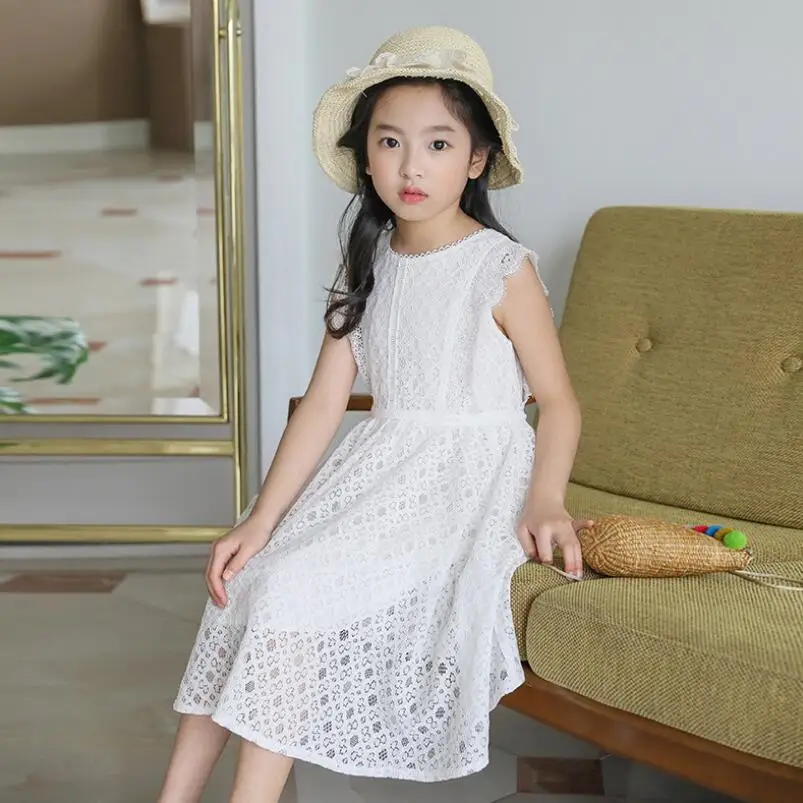 Летнее белое кружевное пляжное платье принцессы для девочек детская одежда без